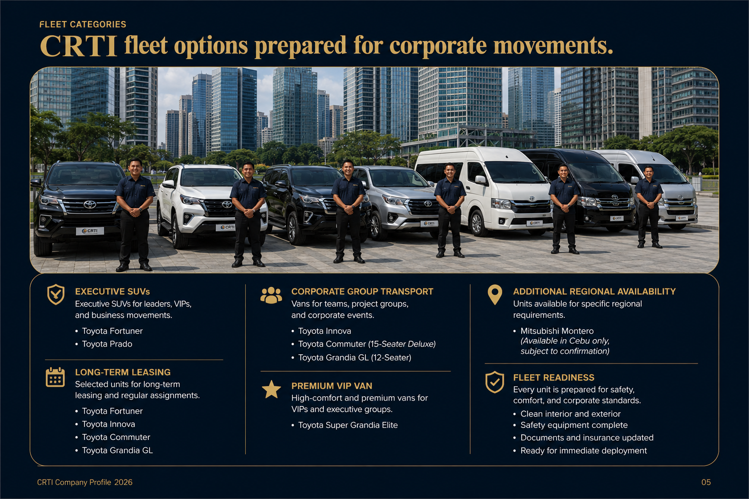CRTI fleet options prepared for corporate movements with chauffeurs and corporate-ready vehicle categories